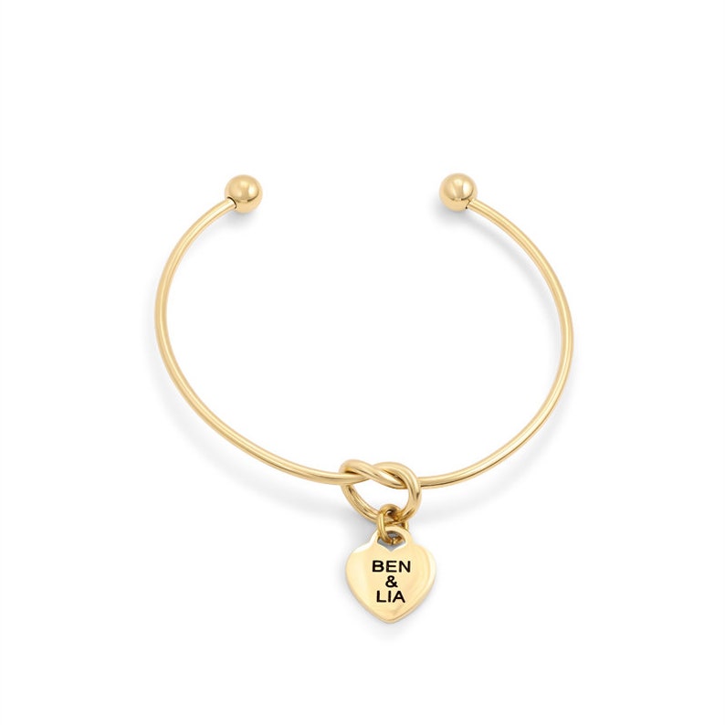 Personalized Heart Charm Bracelet, Custom Gold Bangle Bracelet, Bridesmaid Bracelet, Friendship Jewelry, Gift For Wife Mom Anniversary BFF image 2