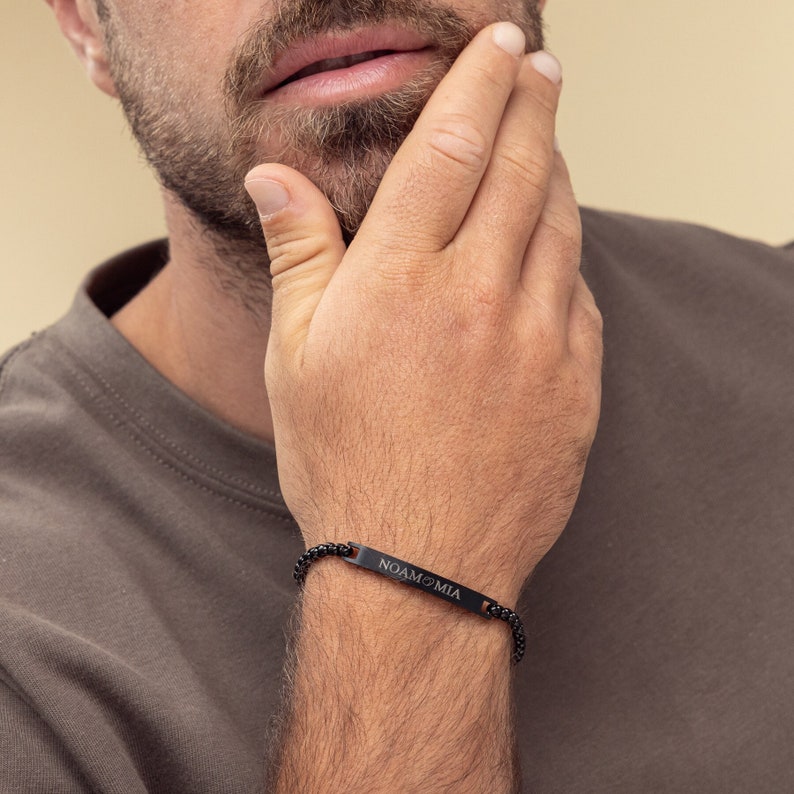 Engraved Black Name Bracelet For Men, Bar Bracelet, Initial Bracelet, Date Bracelet, Custom Men's Jewelry, Boyfriend Gift, Husband Gift, Dad image 1