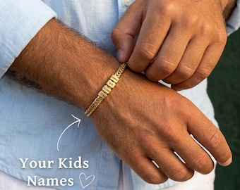 Pulsera con nombre de familia, Pulsera personalizada para papá, Joyería para papá, Pulsera con nombre de los niños, Regalo personalizado para papá, Regalo de Navidad, Pulsera grabada para hombre