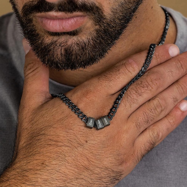 Personalize Necklace For Dad With Kids Name, Custom Men's Black Necklace, Personalized Gift For Dad, Daddy Jewelry,Father’s Day Gift