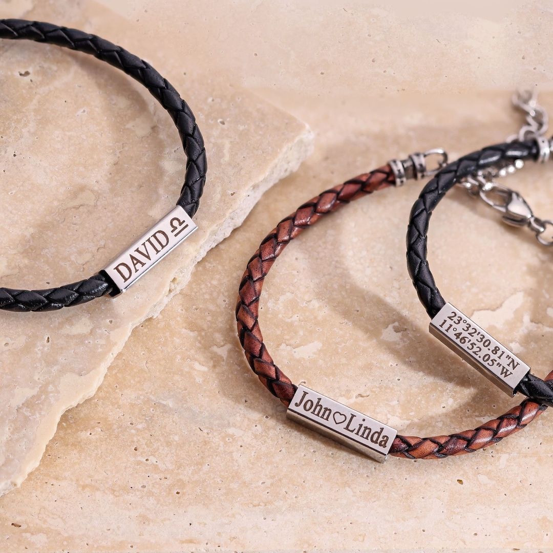 Coordinate Bracelet, Men's Name Bracelet, Date Bracelet, Roman Numerals, Leather Bracelet for