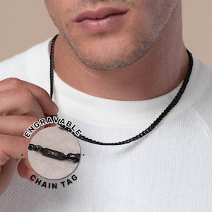 Zwarte ketting met gegraveerd label, op maat gegraveerde zwarte ketting, ketting met gegraveerd label, gepersonaliseerde zwarte ketting, zwarte ketting