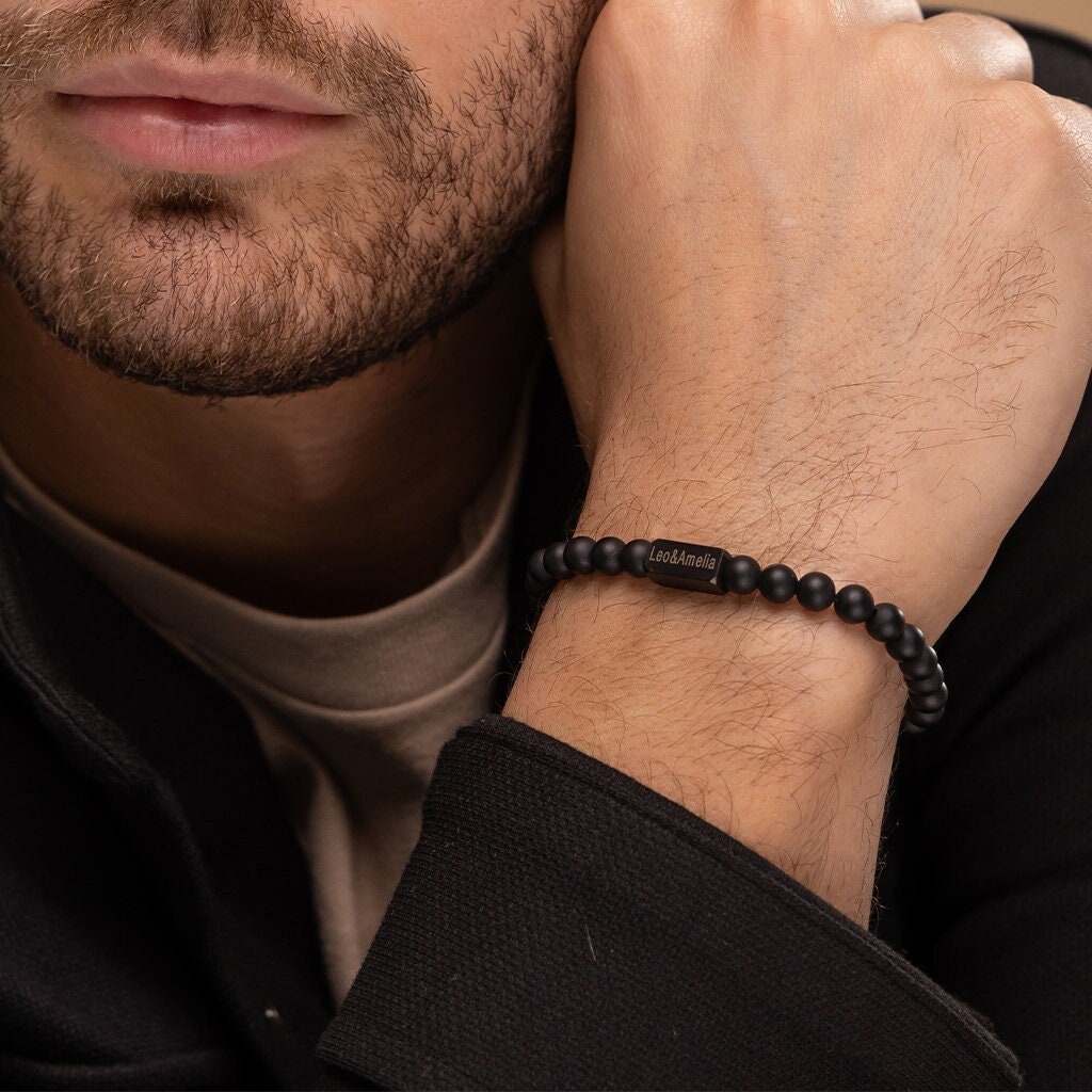 Personalized Onyx Beaded Bracelet for Men: Engraved Stainless Steel Clasp