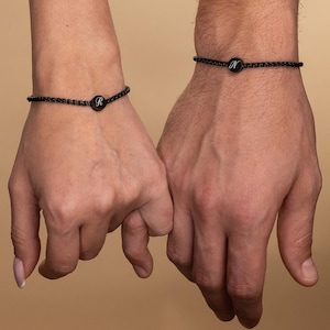 His and Hers Black Stainless Steel Initial Bracelets, Personalized Couples Jewelry