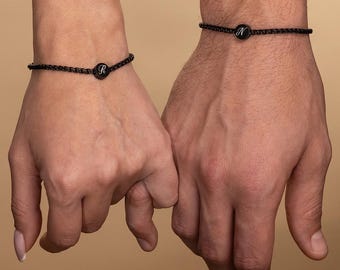 His and Hers Black Stainless Steel Initial Bracelets, Personalized Couples Jewelry