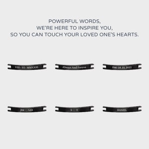 May include: Six black metal bands with engraved text. The bands read "VIII. VI. MMXXIII", "Always And Foreve", "R&S 10.31.2022", "Joe Lea", "SOY", and "DANIEL".