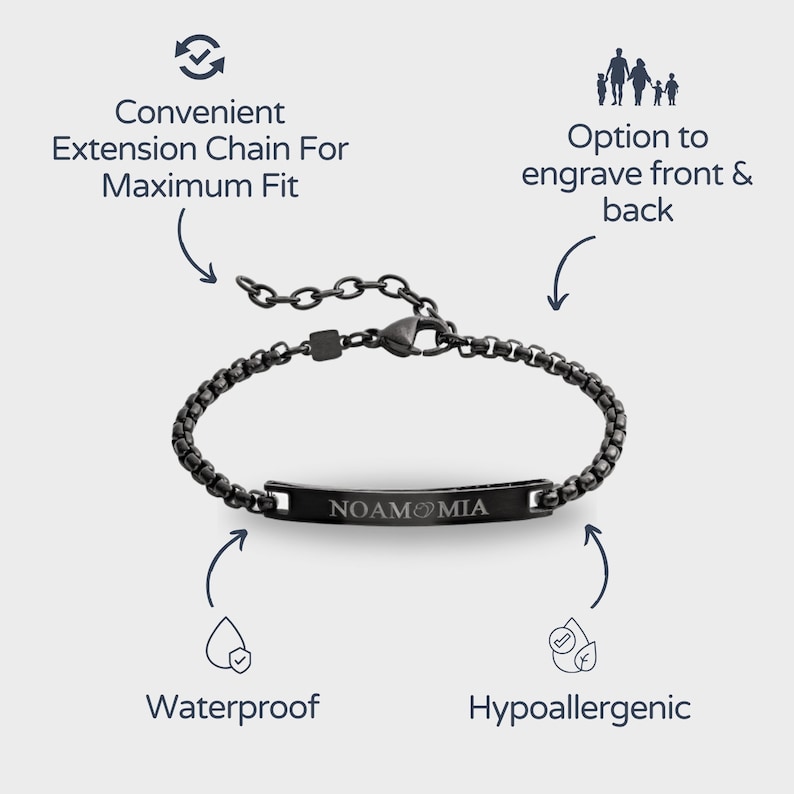May include: Black chain bracelet with an engraved nameplate that reads "NOAMO&Mu;&Iota;&Alpha;". The bracelet has an extension chain for a custom fit and is waterproof and hypoallergenic.