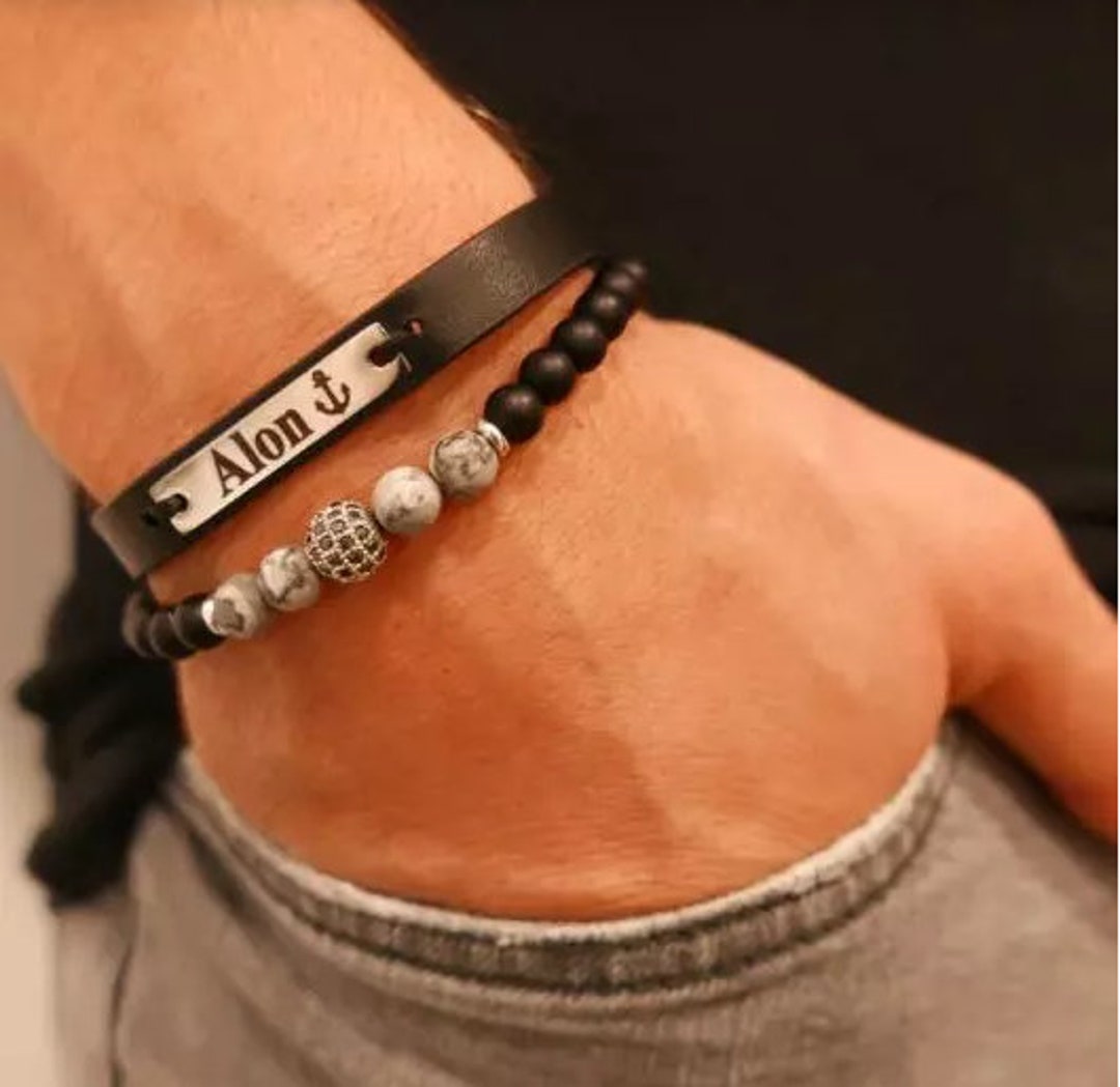 Men's Bracelet Set Personalized Leather Bracelet Man Etsy
