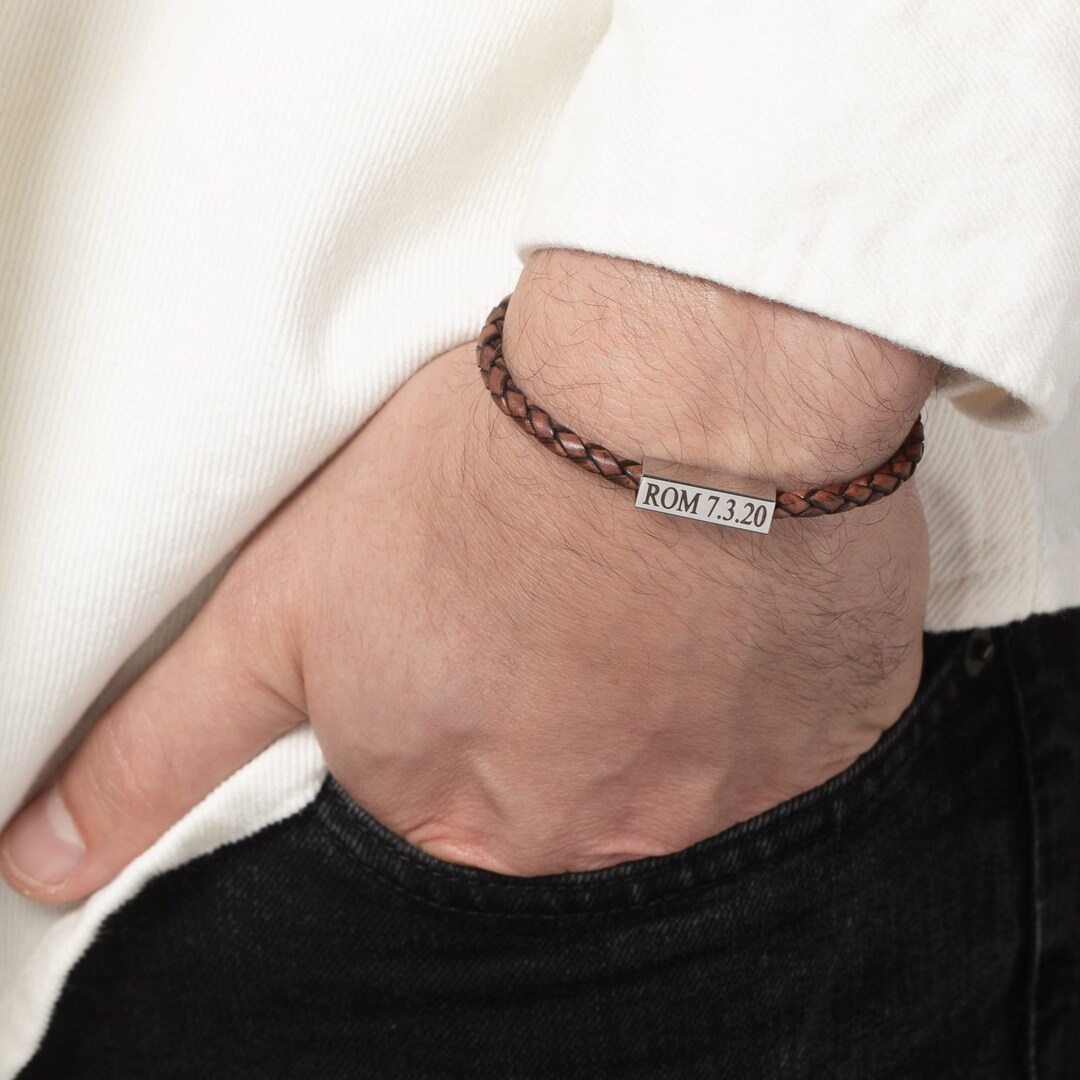 Personalized Mens Bracelets Leather Engraved Bar Bracelet Birthday