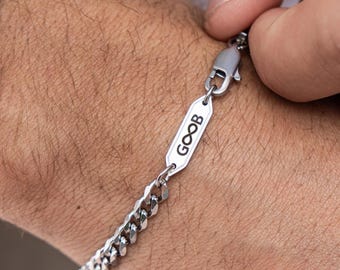 Pulsera personalizada para hombre, pulsera de plata pulida, pulsera personalizada, etiqueta grabada, pulsera de acero inoxidable para hombre