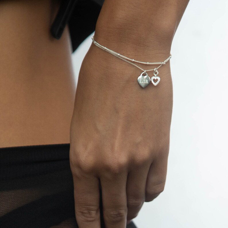 Dainty Custom Heart Bracelet, Silver Bracelet with Engraved Heart Charm, Personalize Friendship Bracelet, Love Jewelry, Best Friend Bracelet image 4