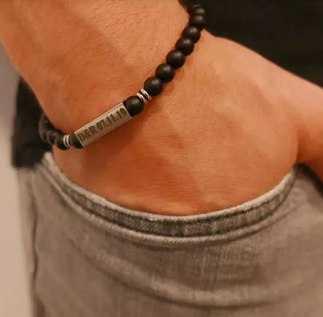 Personalized Beaded Bracelet Men's Engraved Bracelet Etsy