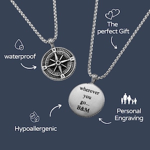 Customized Men's Compass Necklace, Engraved Husband Gift, Personalized Necklace for Men, Gift For Boyfriend, Gift For Dad, Anniversary Gift image 2