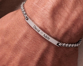 Personalized Engraved Bar Bracelet, Silver Name Bracelet for Men, Anniversary Gift for Him, Cuban Chain Bracelet for Him, Boyfriend Gifts