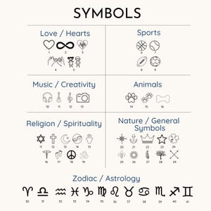 May include: A white graphic with the word "SYMBOLS" at the top. The image is divided into sections featuring various symbols, including hearts, sports equipment, musical instruments, paw prints, and zodiac signs. Each symbol is numbered.