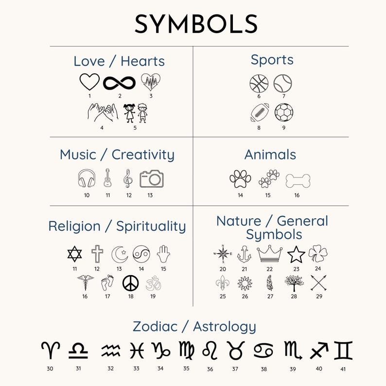 May include: A white graphic with the word "SYMBOLS" at the top. The image is divided into sections featuring various symbols, including hearts, sports equipment, musical instruments, paw prints, and zodiac signs. Each symbol is numbered.