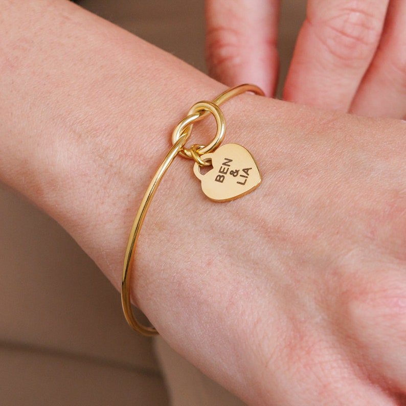 Personalized Heart Charm Bracelet, Custom Gold Bangle Bracelet, Bridesmaid Bracelet, Friendship Jewelry, Gift For Wife Mom Anniversary BFF image 3