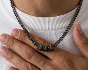 Custom Men Necklace With Family Name, Name Bead Chain Necklace, Dad Necklace from Daughter, Dad Gift, Personalized Gift, Christmas Day Gift