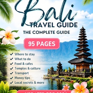 Peut inclure: Une couverture de guide de voyage numérique pour Bali avec le texte BALI IS IN MY SOUL, Bali, TRAVEL GUIDE, THE COMPLETE GUIDE, 95 PAGES, UPDATED FOR 2026 et INSTANT DOWNLOAD. Le design inclut un temple balinais, des fleurs et des palmes.