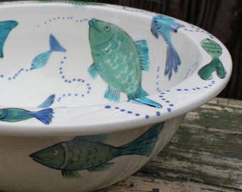 White Hand Painted Fish African Ceramic Wash Basin