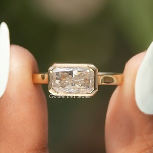 Solitaire Moissanite Bridal Ring/ Radiant Moissanite Wedding Ring/ Colorless Moissanite Proposal Ring/ East-West Bezel Set Anniversary Ring