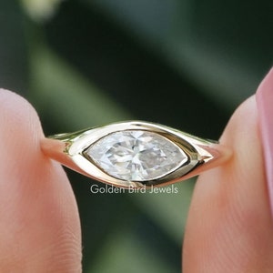 Marquise Moissanite Wedding Ring/ Colorless  Moissanite Bridal Ring/ Bezel Set Solitaire Moissanite Ring/ Knife Edge Shank Engagement Ring
