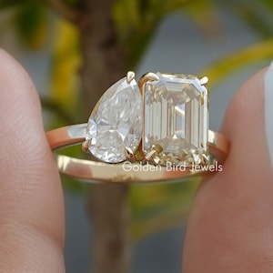 Pear & Emerald Cut Moissanite Enagagement Ring/ Yellow Moissanite Wedding Ring/ 10K Solid Gold Toi Et Moi Ring/ Anniversary Ring For Gift