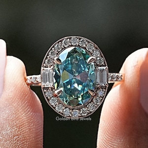 Old Mine Oval Moissanite Wedding Ring/ Blue Moissanite Engagement Ring/ Halo Moissanite Proposal Ring/ 14K Solid Gold Anniversary Ring