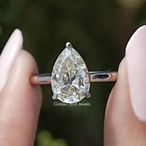 Old Mine Pear Moissanite Engagement Ring/ Off White Moissanite Wedding Ring/ Solitaire Moissanite Bridal Ring/ 14K Solid Gold Proposal Ring