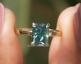 Radiant Moissanite Anniversary Ring/ Solitaire Moissanite Bridesmaid Ring/ Blue Moissanite Engagement Ring/ 10K Solid Gold Proposal Ring