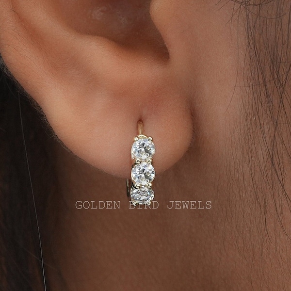 Old European Round Cut Moissanite Earring / Unique 14K Solid Gold Birthday Gift huggies Hoop Earring