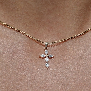 Encrusted Cross Lab Diamond Necklace/ Marquise Cut CVD Diamond Necklace/ EF-VS Lab Grown Diamond Bridal Necklace/ 14K Gold Diamond Necklace