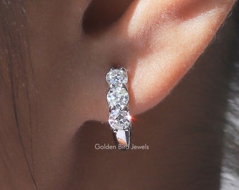Old European Round Moissanite Earring/ Colorless Moissanite Wedding Earrings/ Three Stone Moissanite Earrings/ 18K Gold Huggies Hoop Earring