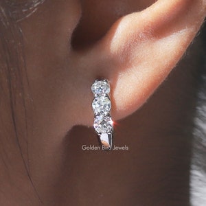 Old European Round Moissanite Earring/ Colorless Moissanite Wedding Earrings/ Three Stone Moissanite Earrings/ 18K Gold Huggies Hoop Earring