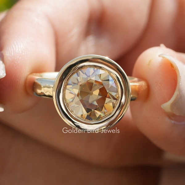 Champagne Moissanite European Round Old Cut Ring / Bezel Setting Moissanite Engagement Yellow Gold Ring