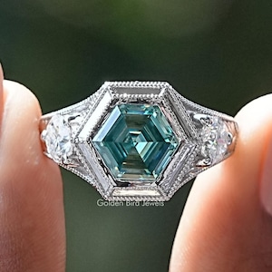 Zeshoekige moissaniet verlovingsring/blauwe moissaniet bruidsring/oude Europese ronde moissaniet trouwring/filigraan werk moissaniet ring