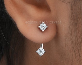 Elegant Round Cut Moissanite Ear Jacket Earrings / 14K White Gold Anniversary Jewelry Gift For Women