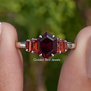 Hexagon Gemstone Engagement Ring/ Red Ruby Gemstone Anniversary Ring/ Baguette Five Stone Gemstone Wedding Ring For Her/ Bride To Be Gift
