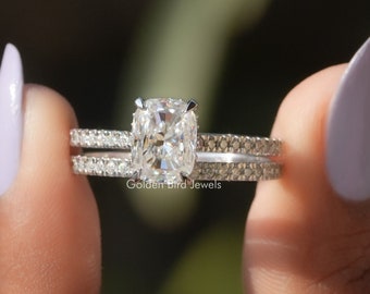 Elongated Cushion Moissanite Bridal Ring Set/ Cushion Moissanite Engagement Ring/ Accent Set Moissanite Ring Set/ 14K Gold Matching Band