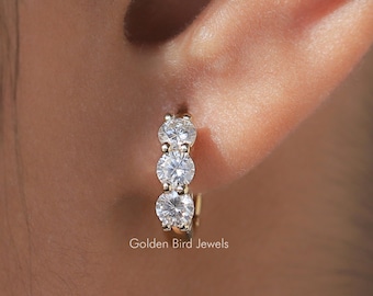 Round Moissanite Earring/ Colorless Moissanite Wedding Earrings/ Three Stone Moissanite Bridal Earrings/ 14K Solid Gold Huggies Hoop Earring