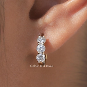 Round Moissanite Earring/ Colorless Moissanite Wedding Earrings/ Three Stone Moissanite Bridal Earrings/ 14K Solid Gold Huggies Hoop Earring