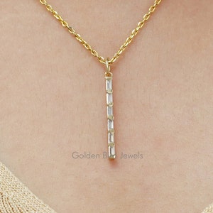 Baguette Moissanite Vertical Long Bar Necklace / Moissanite Minimalist Bar Mommy Necklace For Gift