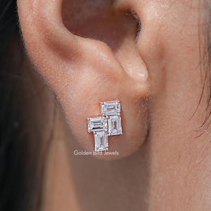 Emerald Cut Lab Diamond Cluster Earrings/ Eco Friendly Diamond Wedding Earrings/ 14K Solid Gold Drop Earrings/ Screw Back Earrings For Women