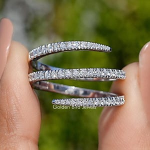 Triple Row Wrap Round Moissanite Band/ Colorless Round Moissanite Pave Band/ Open Spiral Moissanite Band/ Finger Wrap Coiled Moissanite Band