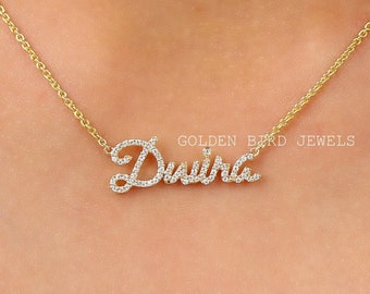 Moissanite Personalized Nameplate Pendant / Yellow Gold Round Moissanite Pendant / Moissanite Handmade Letter Pendant Gift For Her Birthday