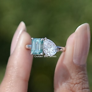 Emerald & Pear Moissanite Two Stone Ring/ Aqua Blue And Colorless Moissanite Bridal Ring/ Prong Set Moissanite Wedding Ring/ Gift For Her
