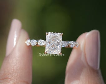 Crushed Ice Radiant Moissanite Wedding Ring/ Pear Moissanite Accent Set Engagement Ring/ Colorless Moissanite Hidden Halo Ring/ Gift For Her
