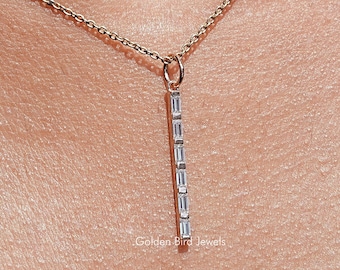 Baguette Moissanite Engagement Pendant/ Colorless Moissanite Bridal Pendant/ Vertical Long Bar Moissanite Wedding Pendant/ 14K Gold Pendant