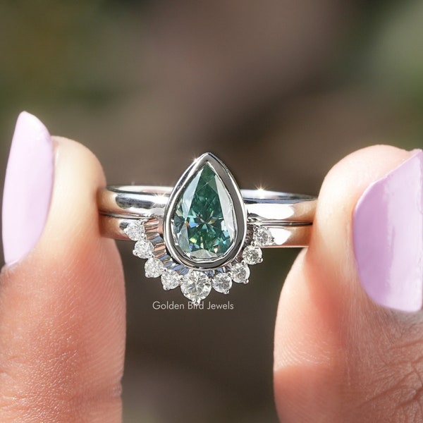 Pear Moissanite Bridal Ring/ Blue Moissanite Proposal Ring/ Curved Moissanite Engagement Band/ Bezel Set Moissanite Wedding Ring Set For Her