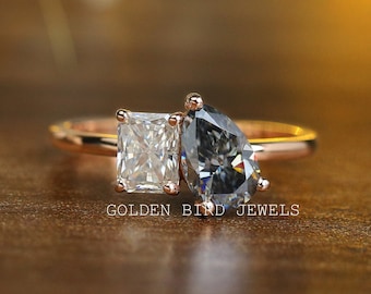 Pear And Radiant Cut Moissanite 14K Rose Gold Ring / Two Stone Moissanite Engagement Ring / Toi Et Moi Moissanite Ring For Anniversary Gift